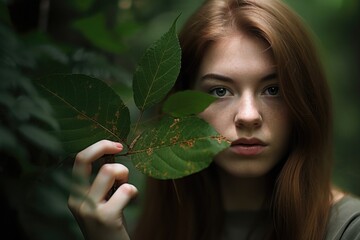 closeup of a young woman holding up some green leaves