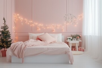 Stylish, modern bedroom in pastel colors with cozy linens and elegant furniture, creating a comfortable oasis.