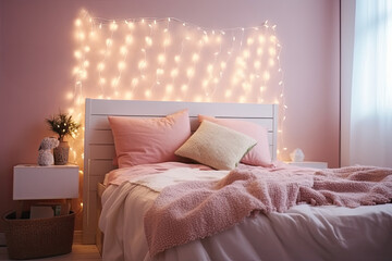 A modern, cozy bedroom adorned with Christmas decor, including a festive garland and warm blankets for a festive feel.