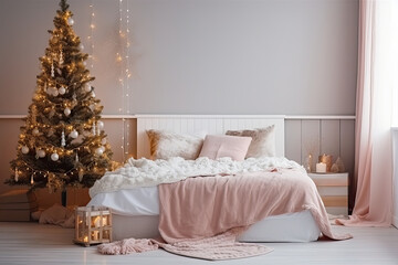 A beautifully decorated bedroom with a large bed and a Christmas tree, a cozy atmosphere, ideal for relaxation.