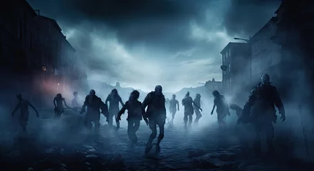 Foto op Aluminium Misty night evening with the zombies walking in the abandoned city background. Dead men running dramatic Halloween scene © Virtual Art Studio