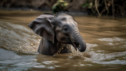 Fototapeta premium Playful Baby Elephant Drinking Water in a Serene Pond