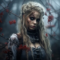 Beautiful young girl in a halloween costume with beautiful scary makeup looking at the camera. Portrait of a pretty woman with white hair wearing a scary halloween costume on blurred forest background