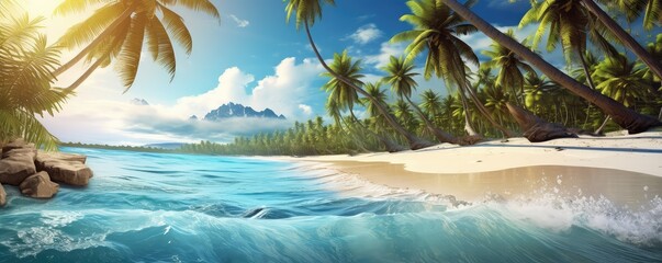 Tropical beach paradise photo realistic illustration - Generative AI.
