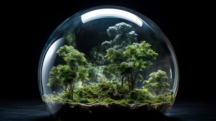 Craft a futuristic photograph of a glass globe encased in a transparent dome, protecting it from the elements, illustrating the importance of safeguarding our planet