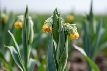 closeup of daffodils buds in a field, natural environment
