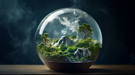 Craft a futuristic photograph of a glass globe encased in a transparent dome, protecting it from the elements, illustrating the importance of safeguarding our planet