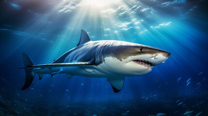 Fototapeta premium Sunlit Shark in Ocean Depths