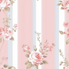 Seamless pattern, tileable striped pink floral country style print for wallpaper, wrapping paper with English countryside rose flowers for scrapbook, fabric and product design