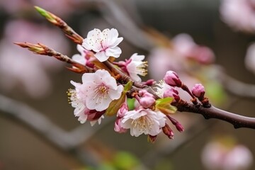 Obraz premium closeup of beautiful blossoming japanese sakura tree growing on a field or garden