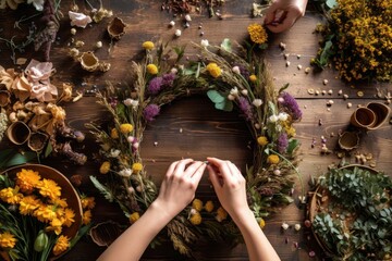 top view of a wreath-making process on a table