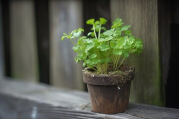 closeup of a potted plant growing against a wood fence