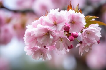 closeup of pink cherry blossoms in full bloom against soft bokeh background