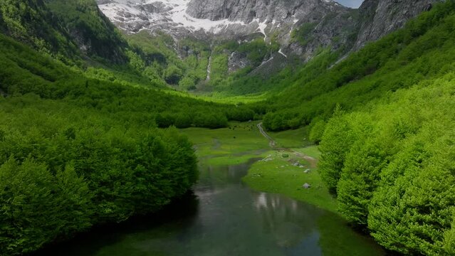 stunning mountain valley with a gorgeous mountain sharp peak with a snow, Opening aerial look up shot. Summer season