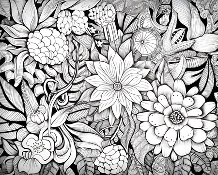 Coloring book page with different flowers and leaf. Black and white vector illustration. Doodle, hand drawn, anti stress. generative Ai