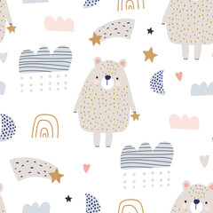 Seamless pattern with cute cartoon bear, clouds. Creative Scandinavian style childish texture. Great for fabric, textile Vector Illustration - 646364625