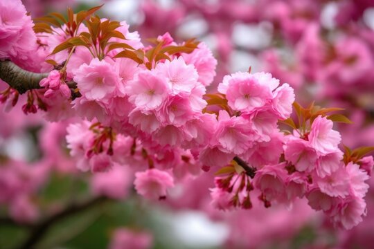 closeup of a tree branch full of fluffy pink flowers