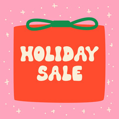 Christmas greeting card. Holiday sale inscription in gift box. Cute pink holiday poster. Vector flat illustration with text in retro groovy style