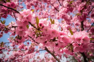 closeup of pink flowers blooming on trees