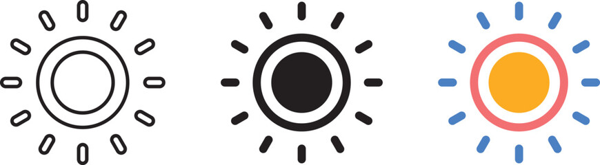 Sun icons collection. Sun lined, isolated and colored version. Vector illustration