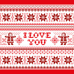 I love you vector greeting card pattern in red background - Scandinavian knnitting, cross-stitch design, ugly Christmas sweater style
