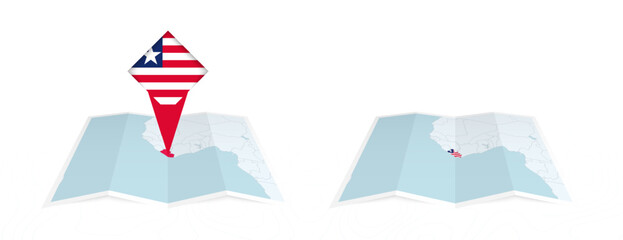 Two versions of an Liberia folded map, one with a pinned country flag and one with a flag in the map contour. Template for both print and online design.
