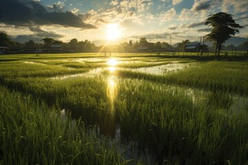 sunlight shining through rice plants in field