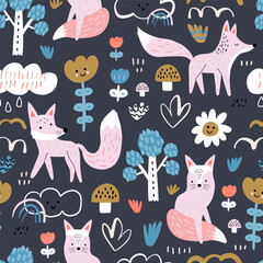 Seamless childish pattern with cute foxes. Creative kids forest texture for fabric, wrapping, textile, wallpaper, apparel. Vector illustration
