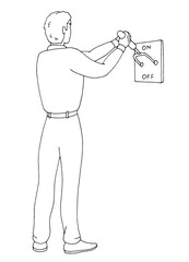 Man turns the switch isolated graphic black white sketch illustration vector