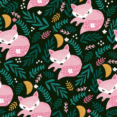 Seamless woodland pattern with sleeping fox, moon and floral elements . Creative kids for fabric, wrapping, textile, wallpaper, apparel. Vector illustration