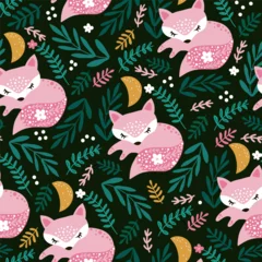 Fotobehang Vos Seamless woodland pattern with sleeping fox, moon and floral elements . Creative kids for fabric, wrapping, textile, wallpaper, apparel. Vector illustration