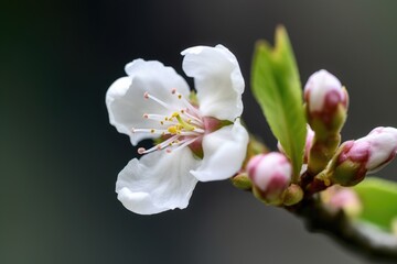 Obraz premium closeup of a cherry blossom flower and its bud in the spring season