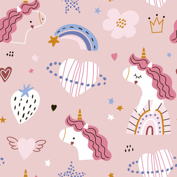 Seamless kids pattern with cute unicorns, planet, rainbow, star. Childish creative pink texture. Vector illustration