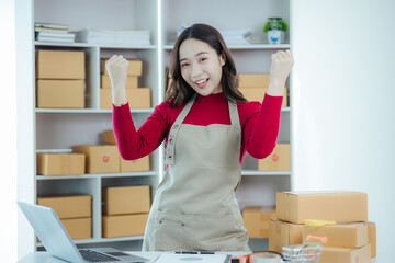 Asian woman small business owner starting an SME. Independent Asian woman using laptop working with...