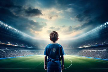 Kid standing in soccer stadium future dream to be a professional footballer.	
