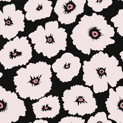 Seamless fashion floral pattern. Botanical vector texture for fabric textile, wallpaper. Big flowers print. Creative black and pink bold style flowers