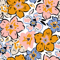 Seamless botanical pattern with hand drawn flowers, Floral outline style artistic summer texture for fabric, textile, apparel. Vector illustration