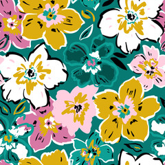 Seamless botanical pattern with hand drawn flowers, Floral green summer texture for fabric, textile, apparel. Vector illustration