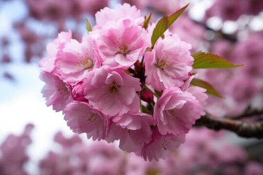 closeup of a beautiful cherry blossom tree covered with pink blossoms in the summer