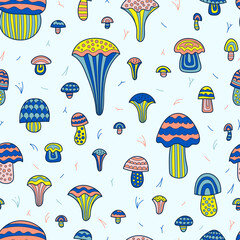 Seamless pattern with various hand drawn funny mushrooms. Surface design for kids apparel and accessories, home textile, pets wear. Blue, yellow, pink colors. Bright design.