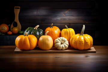 Different size and look of pumpkins on a bench top in a modern stylish kitchen