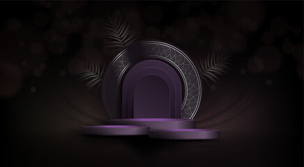 Round frame with border, scene on a dark purple background