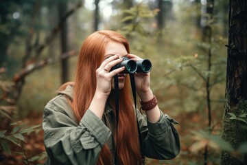 shot of a young woman using binoculars while doing research in the forest