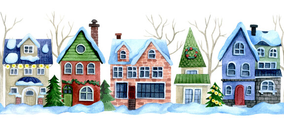 watercolor drawing seamless border christmas street. cute winter houses, christmas trees, vintage style