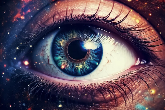 Surreal eye of universe. Galaxy vision. All-seeing eye, cosmic order, spiritual guidance concept.