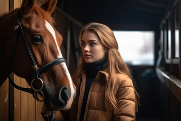 Fototapeta premium a young woman in a riding stable holding her horse by the reins