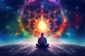 Spiritual meditation, cosmic energy, inner harmony, transcendental experience, healing concept.