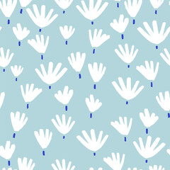 Seamless minimal floral pattern. Vector botanical texture with hand drawn neutural flowers. Vector blue pastel background - 646366835