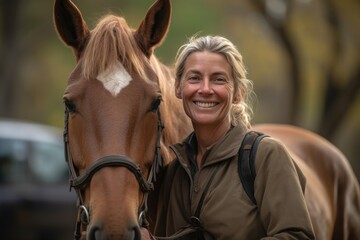 a woman smiling at the camera while holding her horse