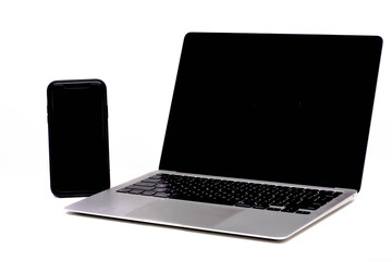 modern laptop blank dark screen with place for your logo or text on white wall background. 3D rendering, mockup